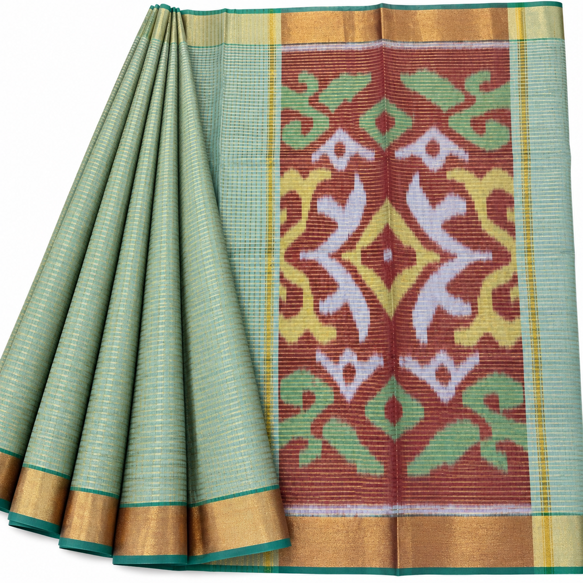 Silk cotton checked sari body with ikkat pallu
