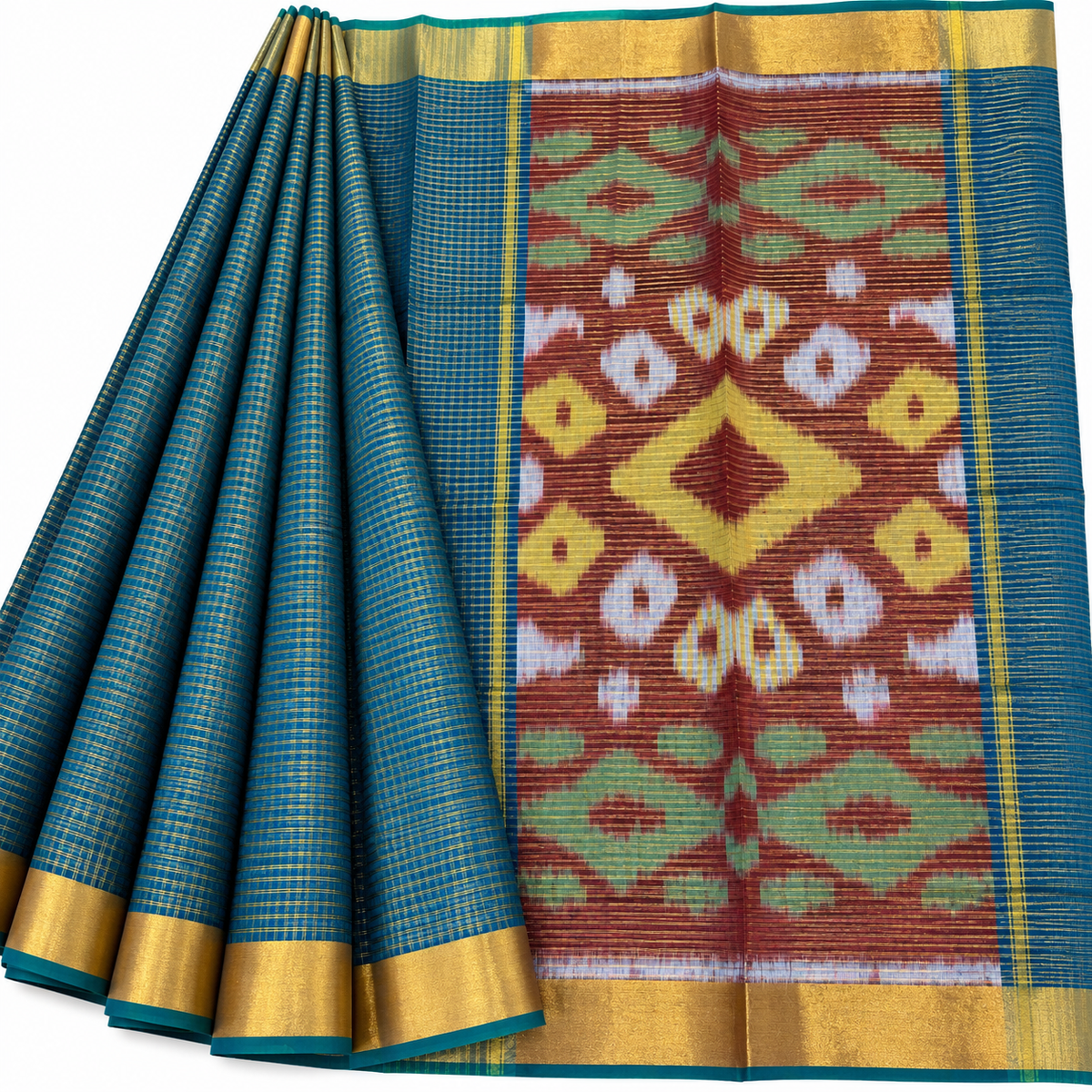 Silk cotton checked sari body with ikkat pallu