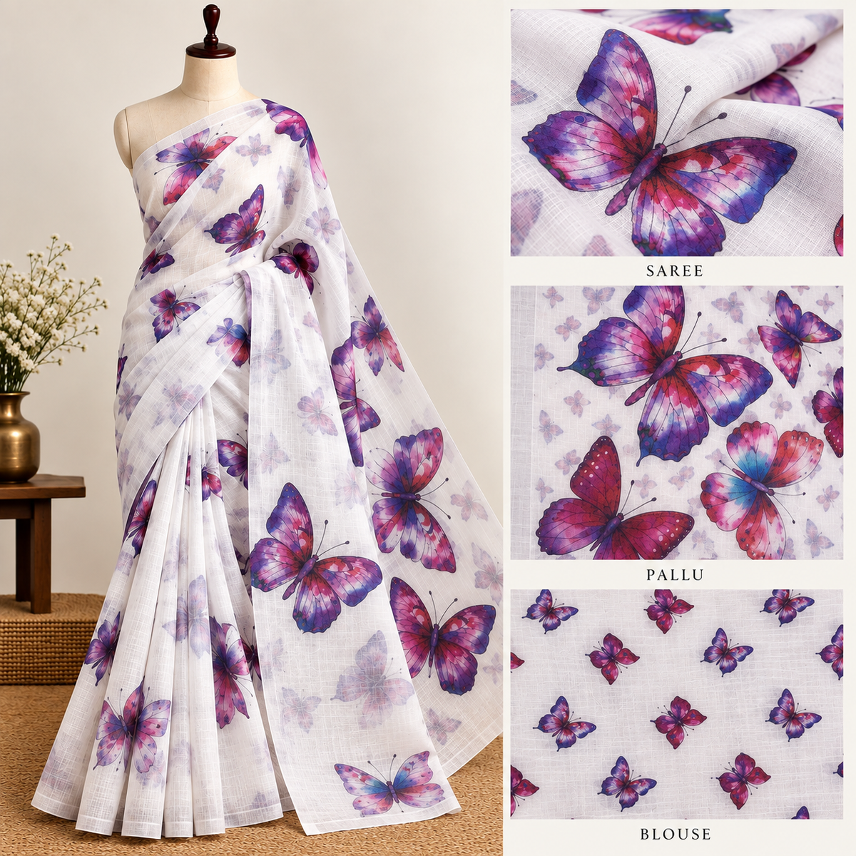 Butterfly Linen Cotton saree Violet