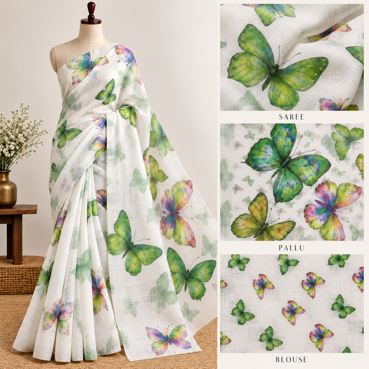 Butterfly Linen Cotton saree Green