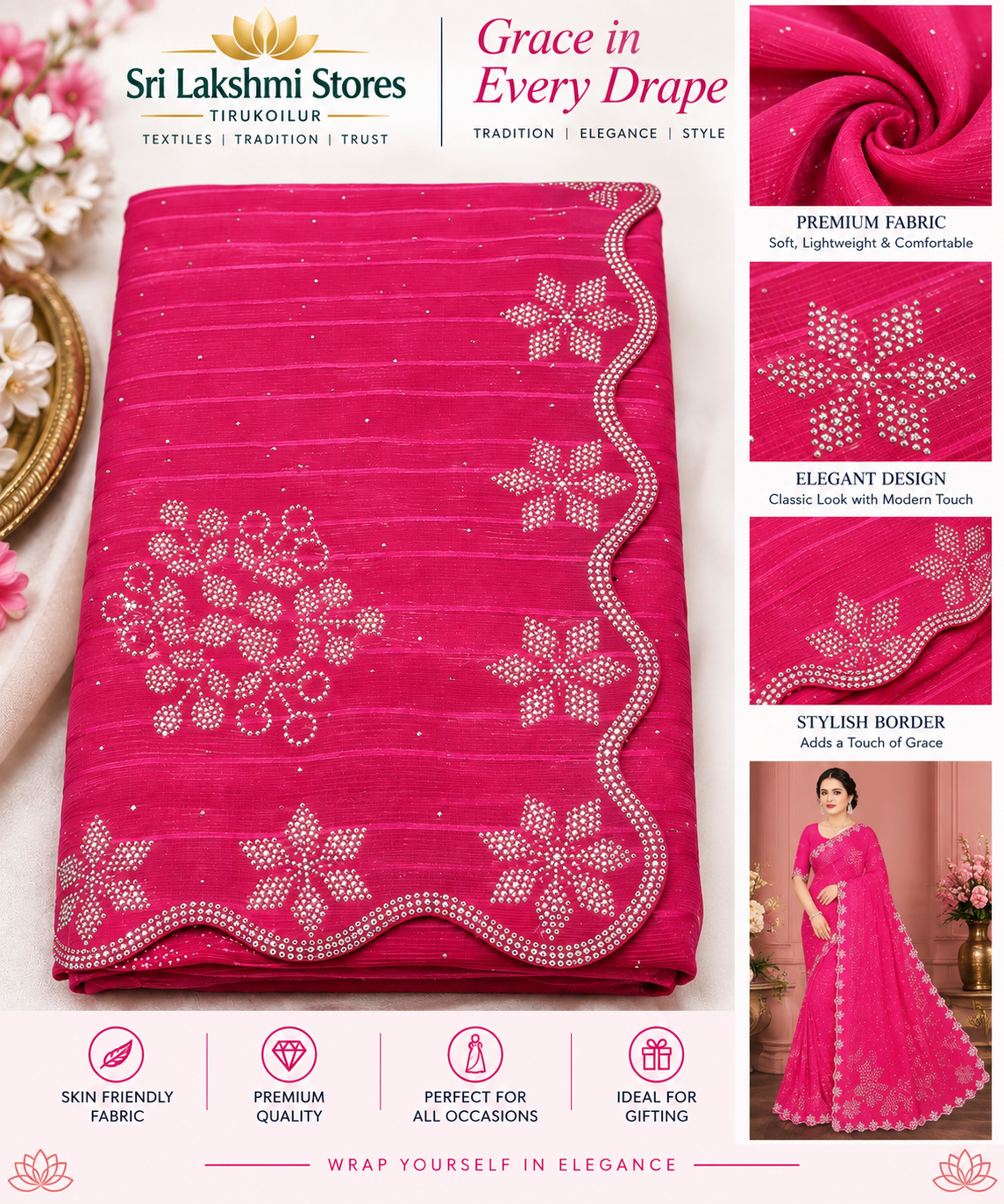 Stone work Fancy Sarees with Stripped pattern