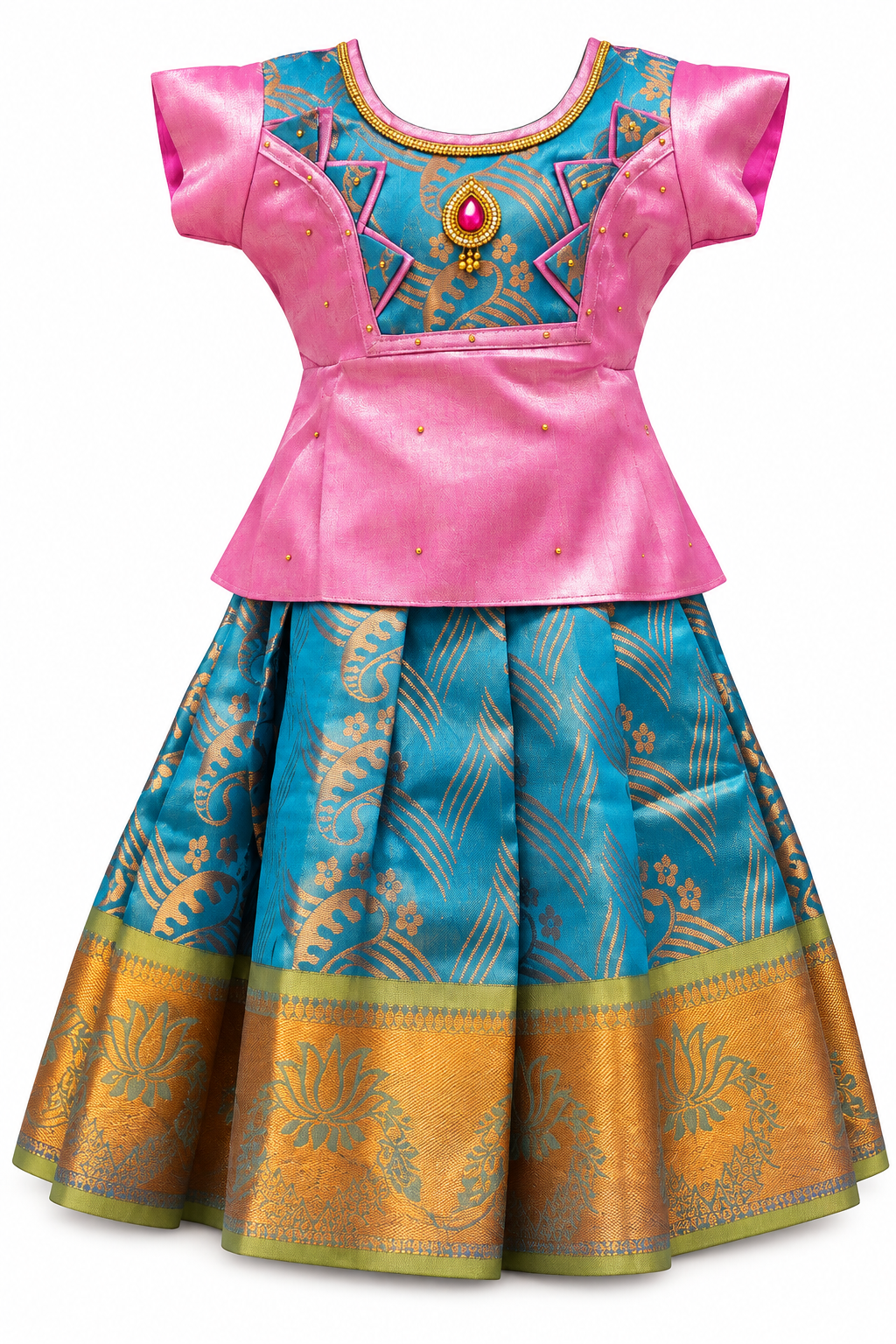 Pink blue pattu pavadai