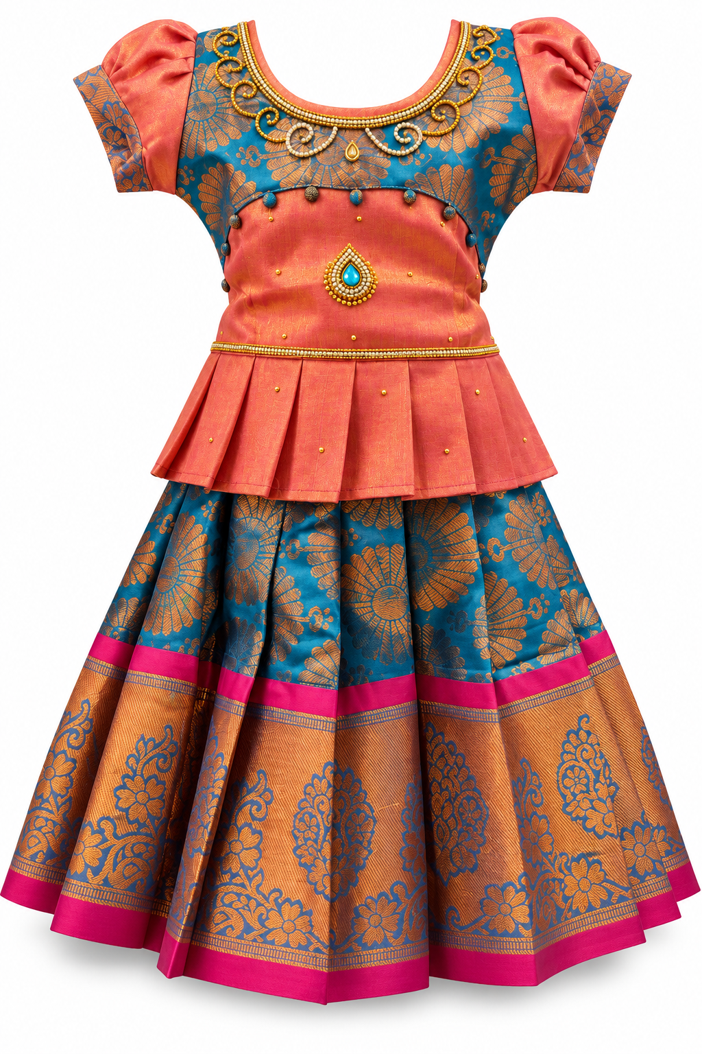 Blue maroon red pattu pavadai