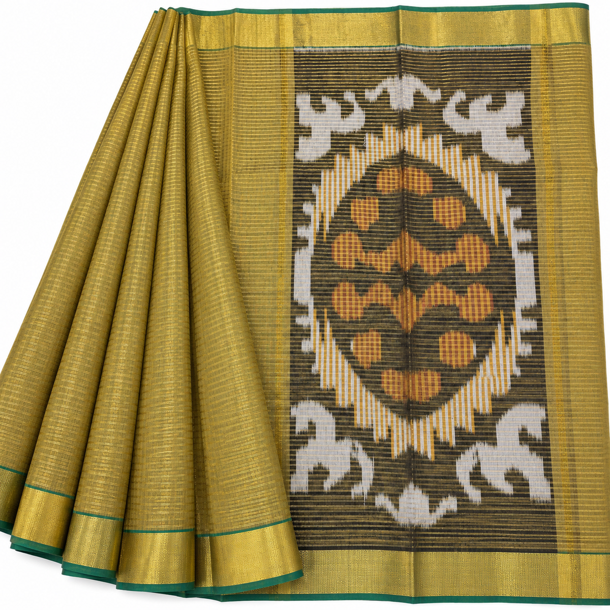 Silk cotton checked sari body with ikkat pallu