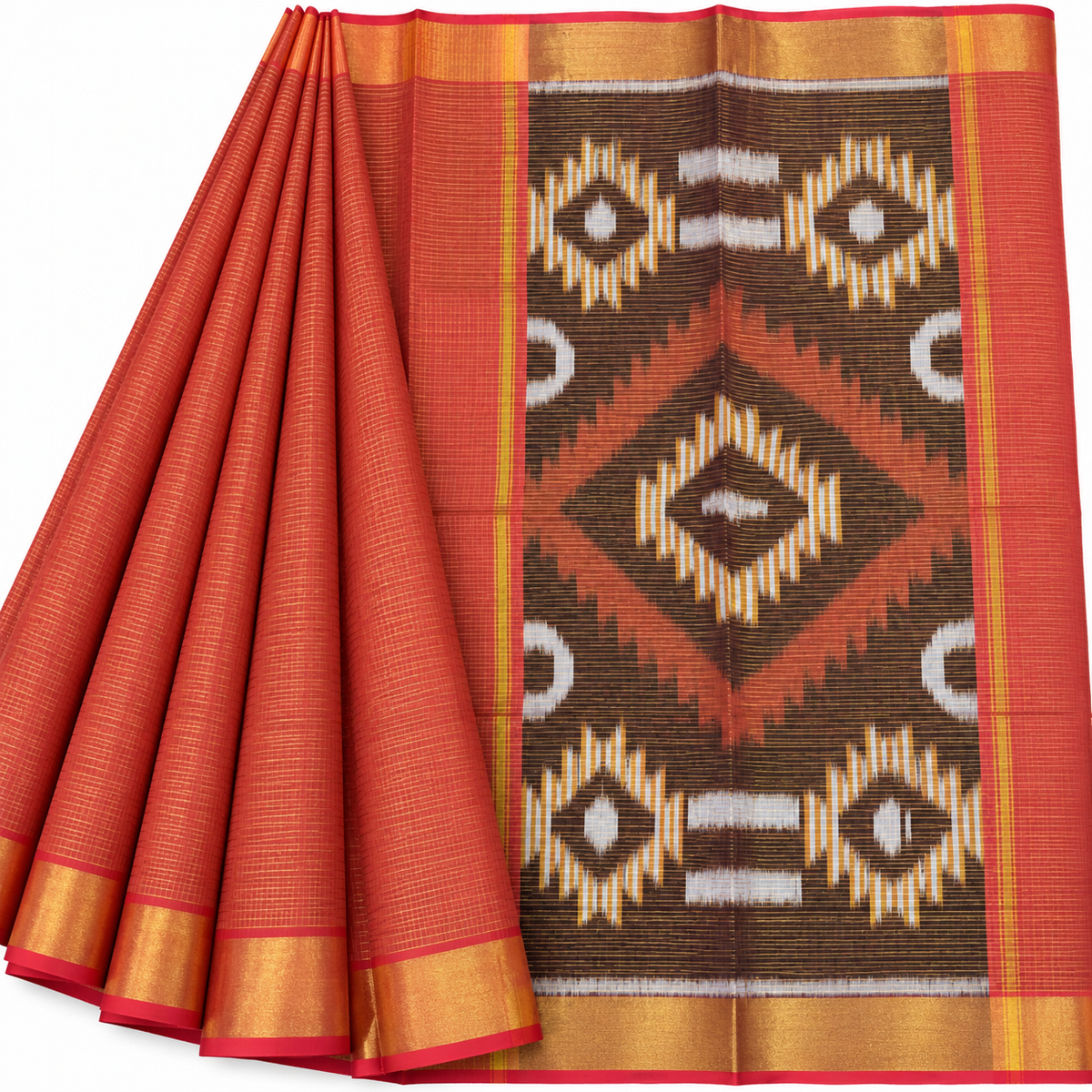 Silk cotton checked sari body with ikkat pallu