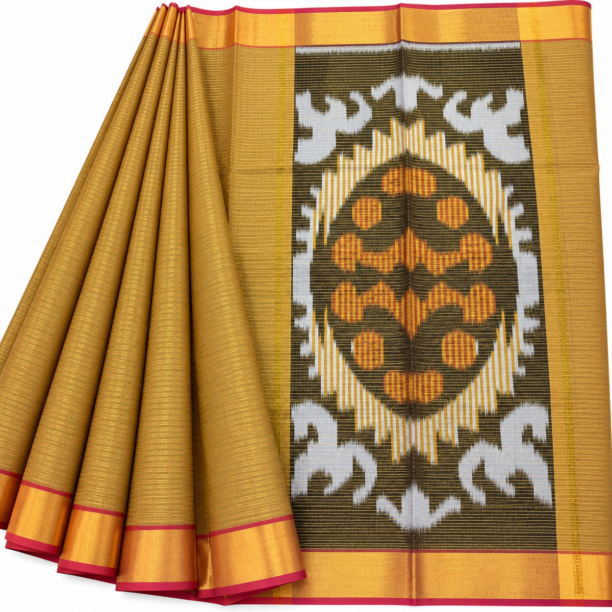 Silk cotton checked sari body with ikkat pallu