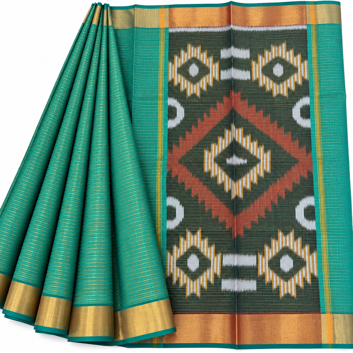 Silk cotton checked sari body with ikkat pallu