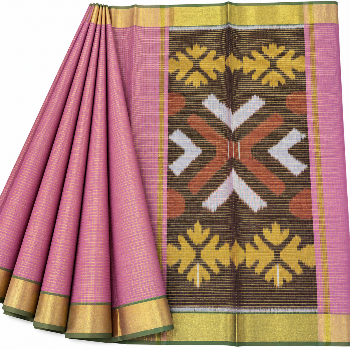 Silk cotton checked sari body with ikkat pallu
