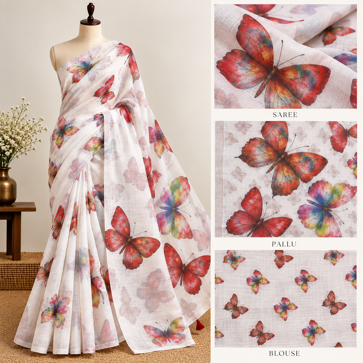 Butterfly Linen Cotton saree Orange