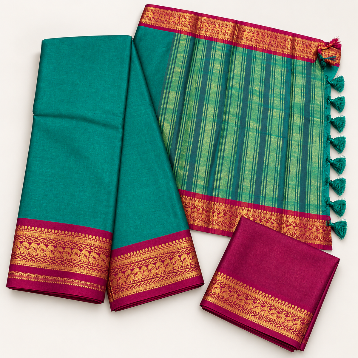 Sapphire Green Saree with Magenta Zari Border
